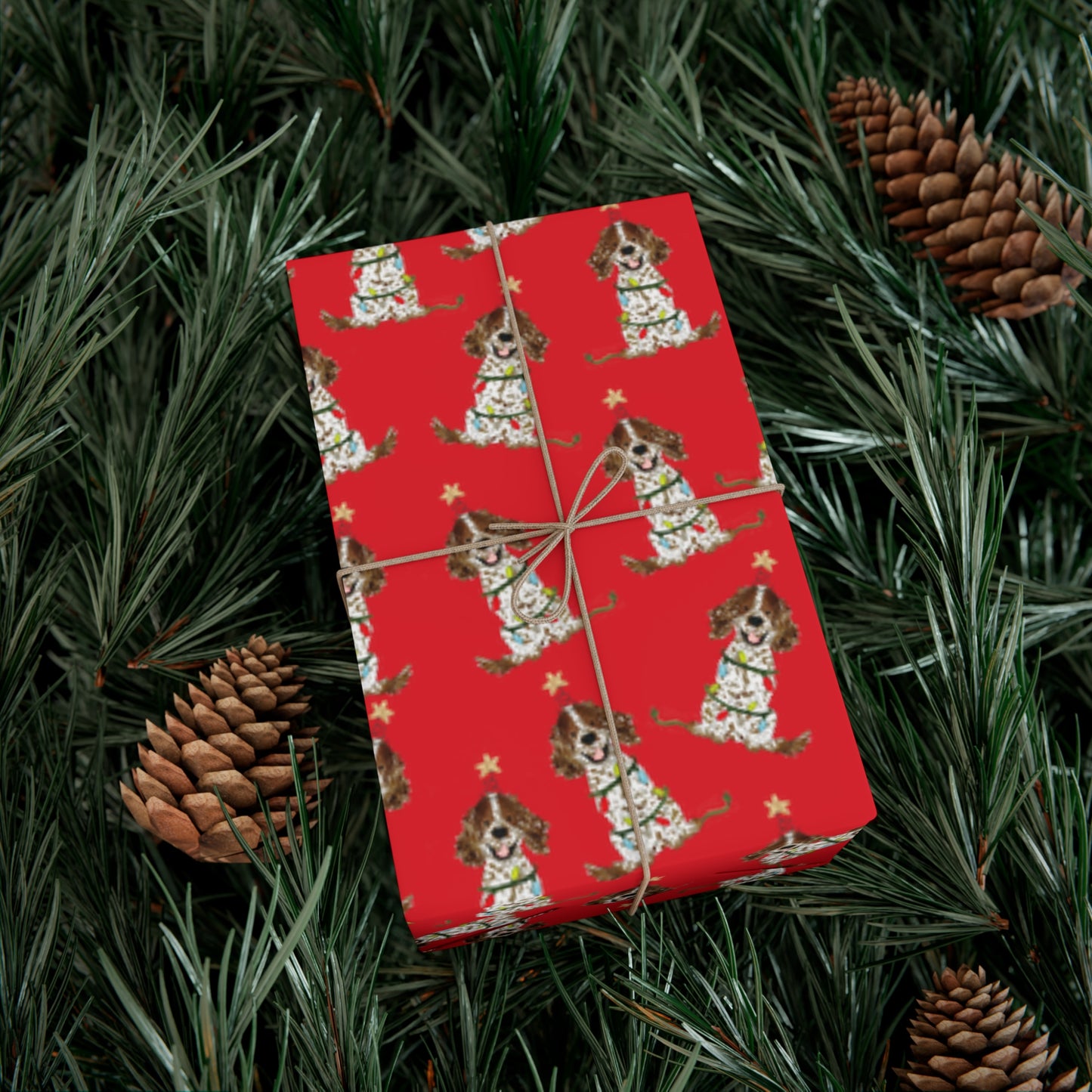 Festive Christmas Brown Parti Spaniel Gift Wrap - Red