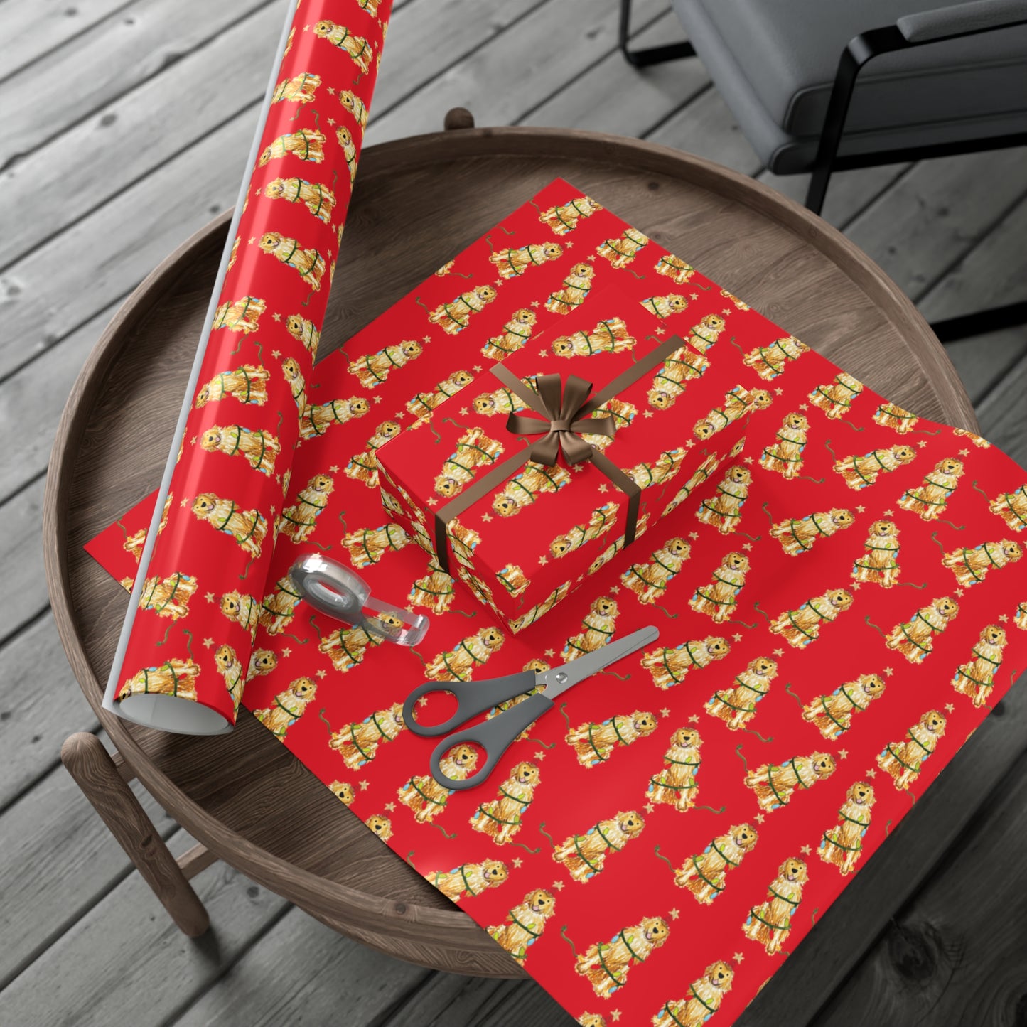 Festive Christmas Golden Retriever Gift Wrap - Red