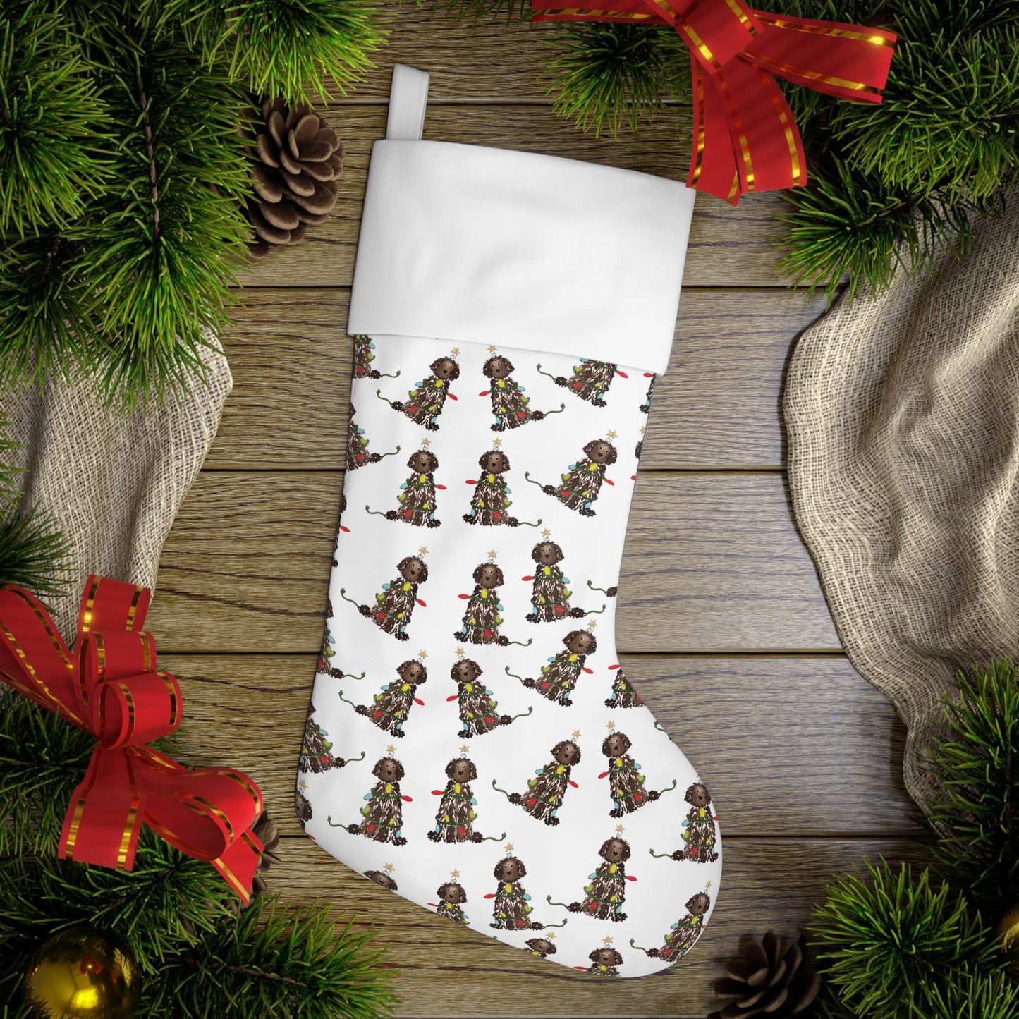 Brown Doodle Christmas Stocking | Christmas Goldendoodle Pet Stockings, Dog Stocking