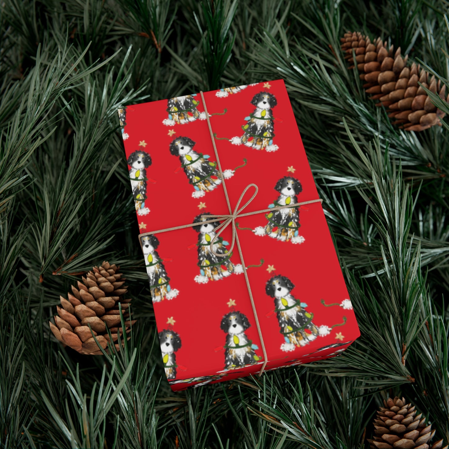 Festive Christmas Bernadoodle Gift Wrap - Red