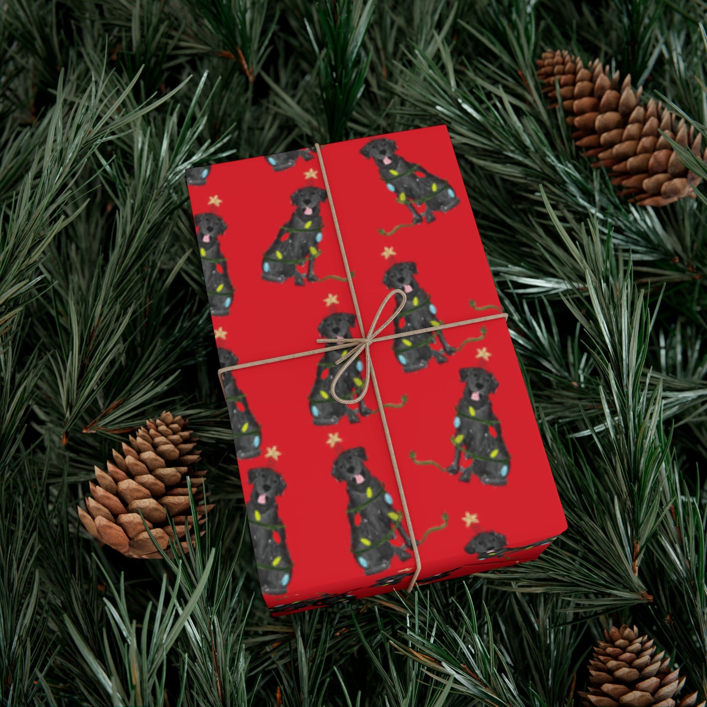 Festive Christmas Black Lab Gift Wrap - Red