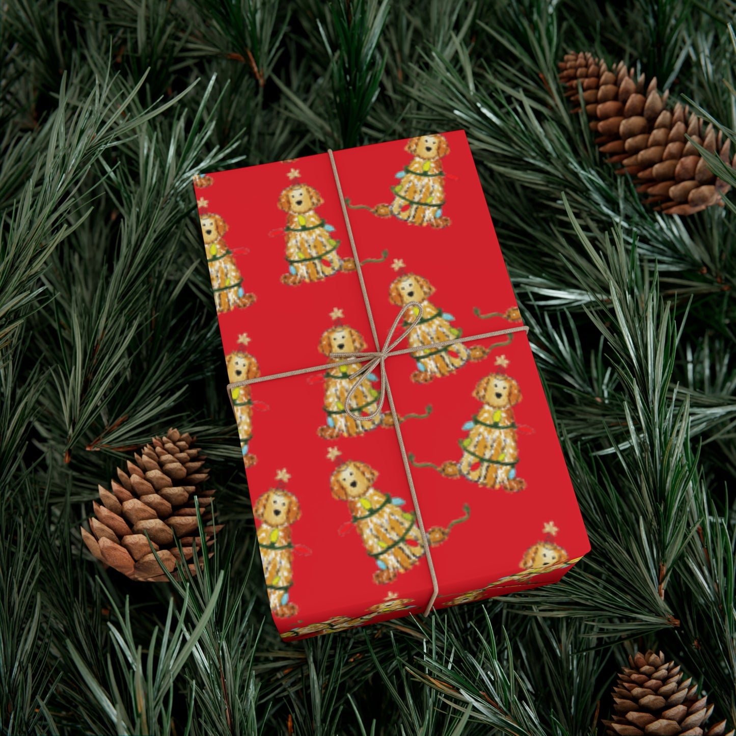 Festive Christmas Apricot Doodle Gift Wrap - Red