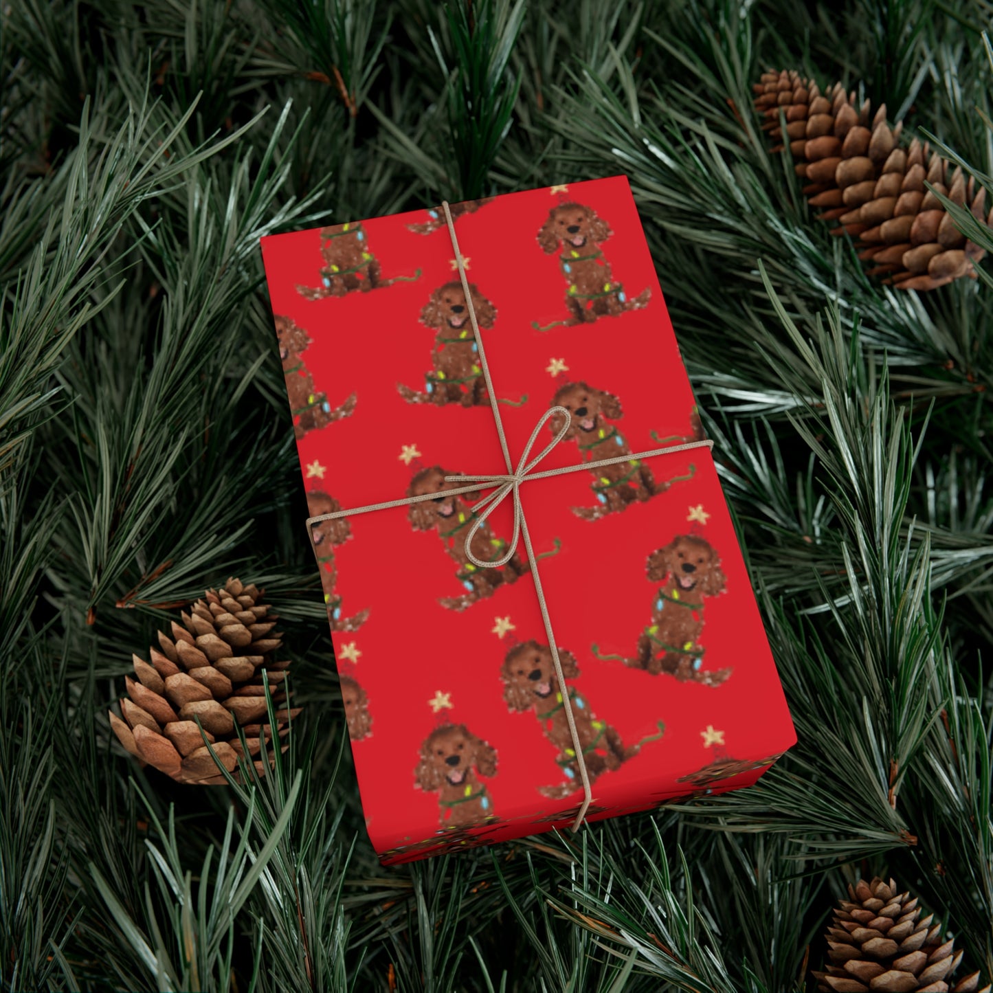 Festive Christmas Brown Spaniel Gift Wrap - Red