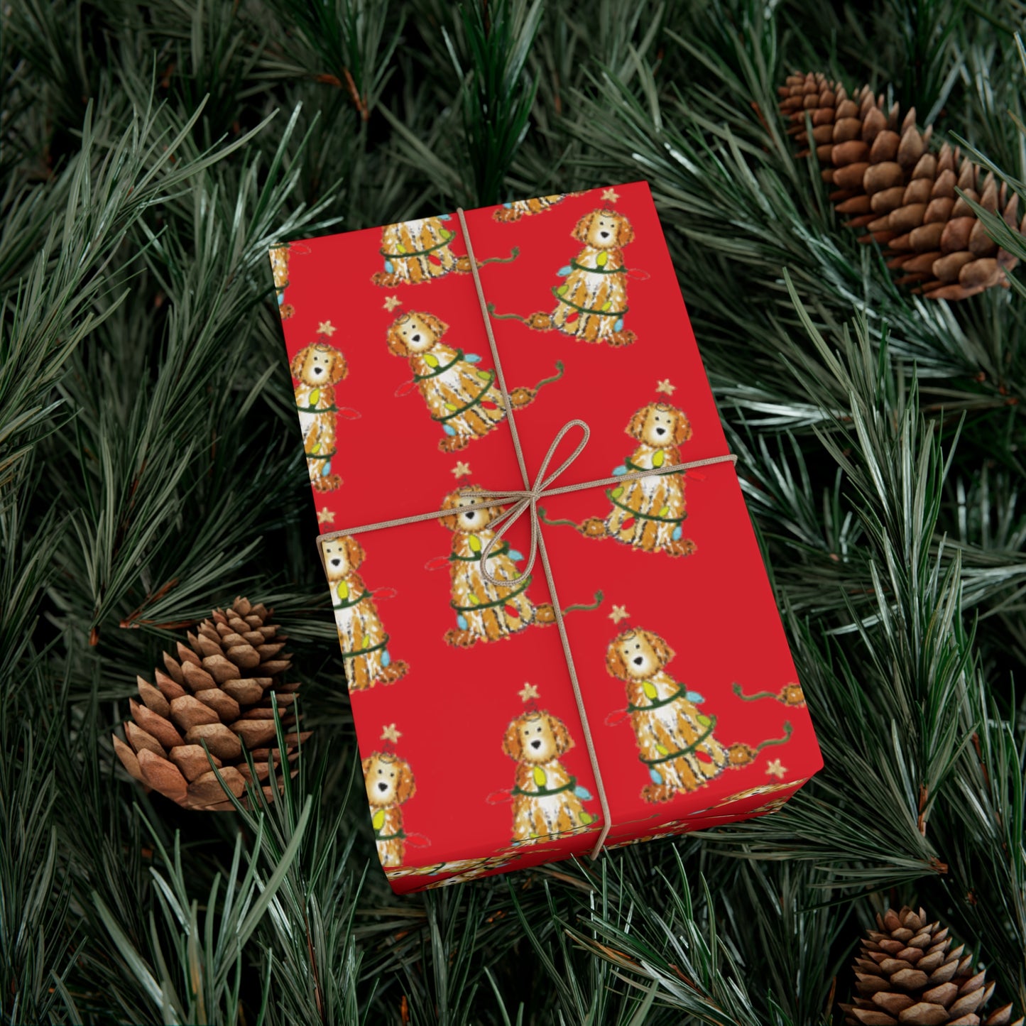 Festive Christmas Apricot and Cream Doodle Gift Wrap - Red