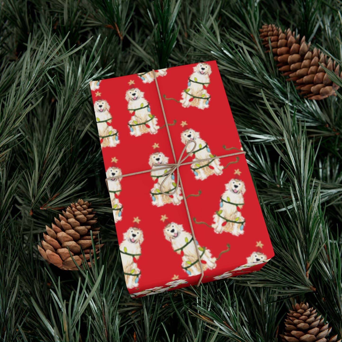 Festive Christmas Light Golden Retriever Gift Wrap - Red