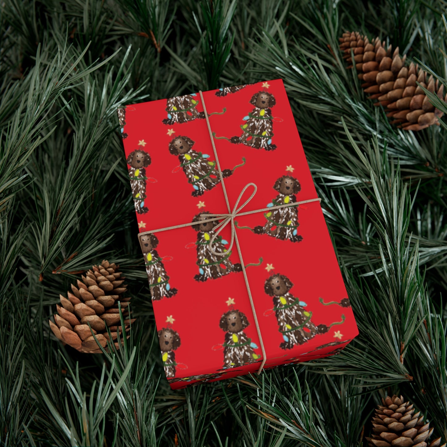 Festive Christmas Brown Doodle Gift Wrap - Red