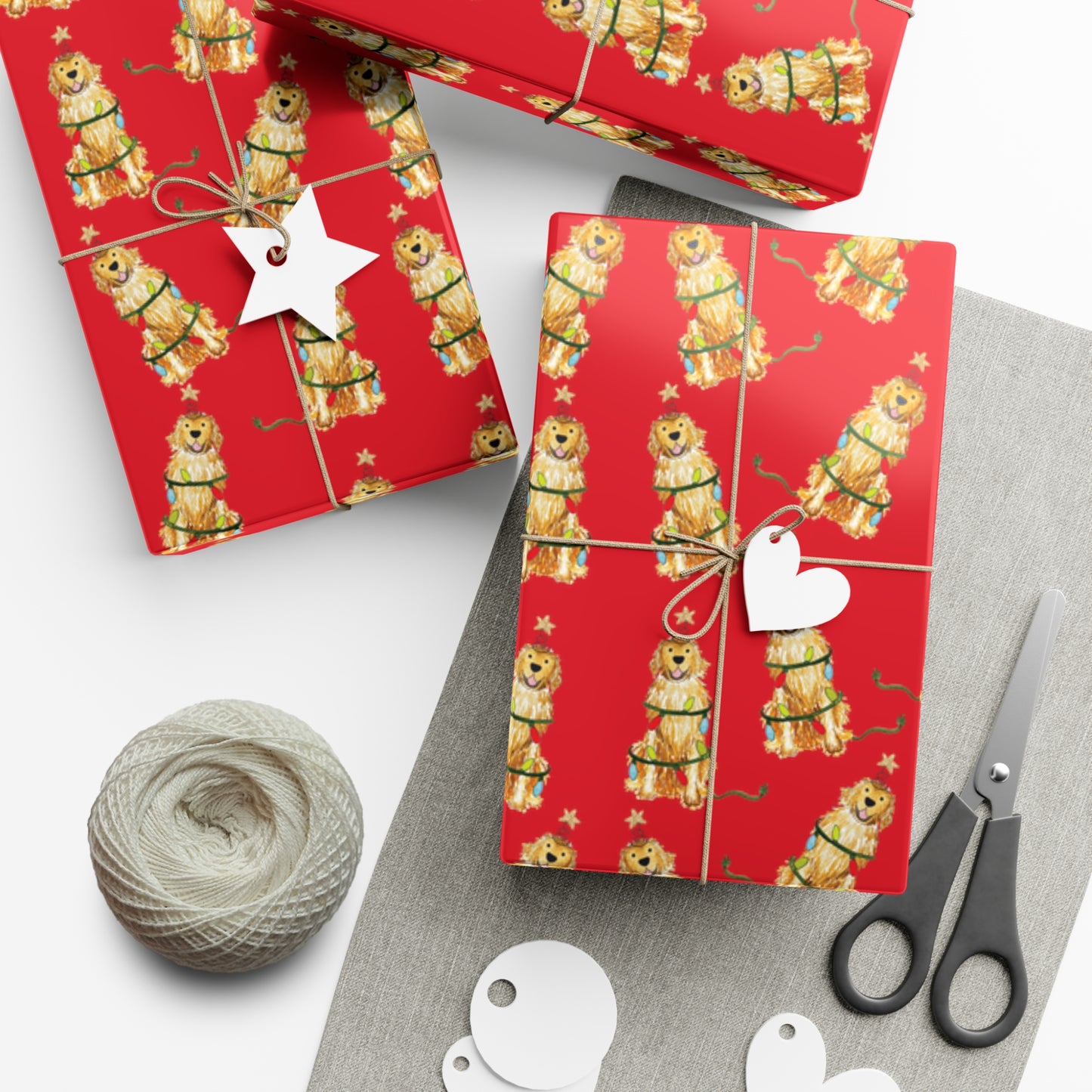 Festive Christmas Golden Retriever Gift Wrap - Red