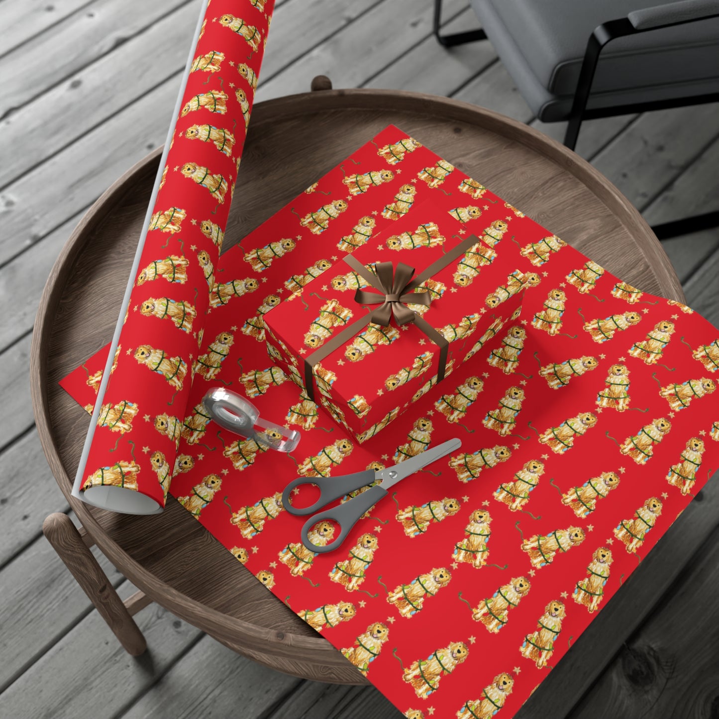 Festive Christmas Golden Retriever Gift Wrap - Red