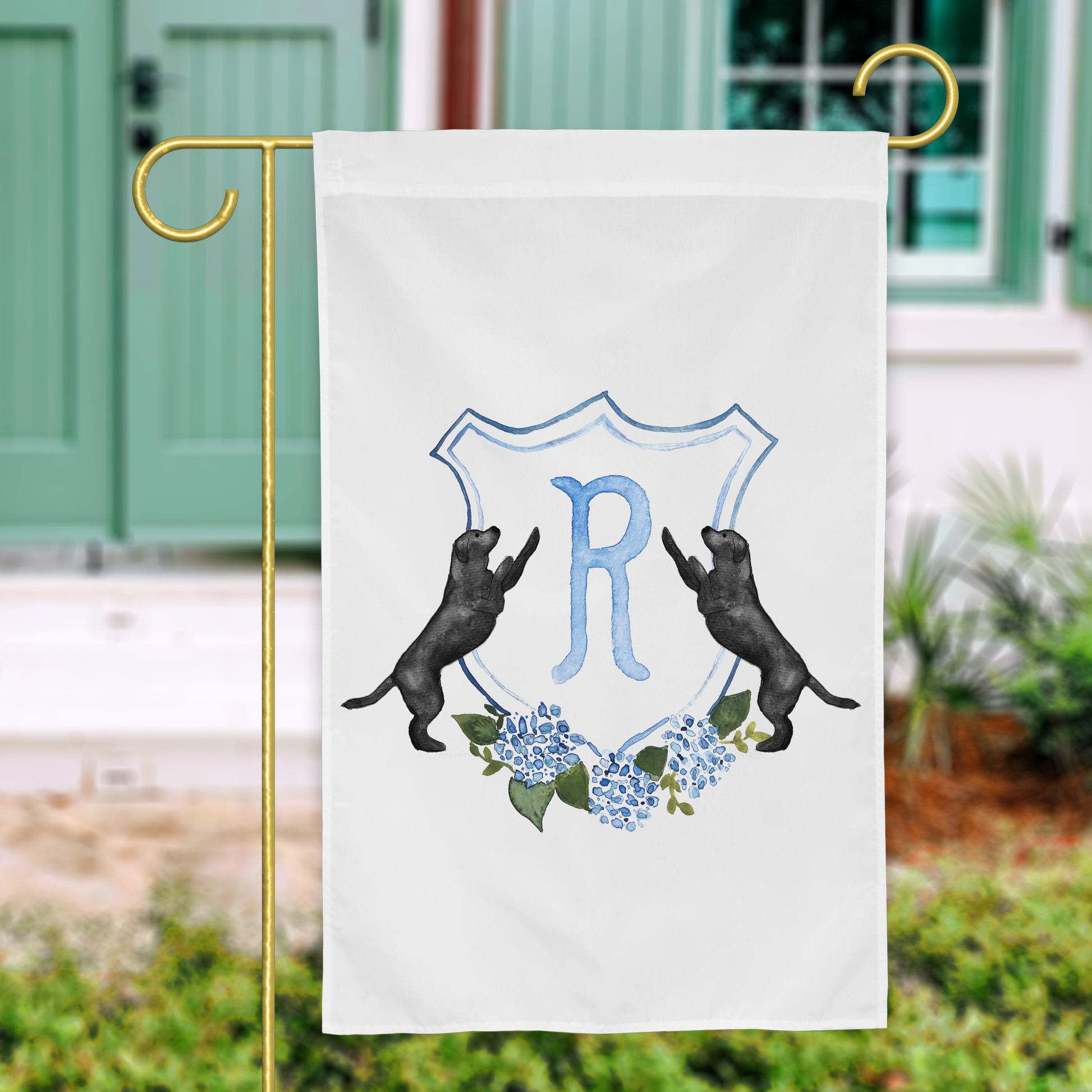 Custom lab wedding crest garden flag with monogram