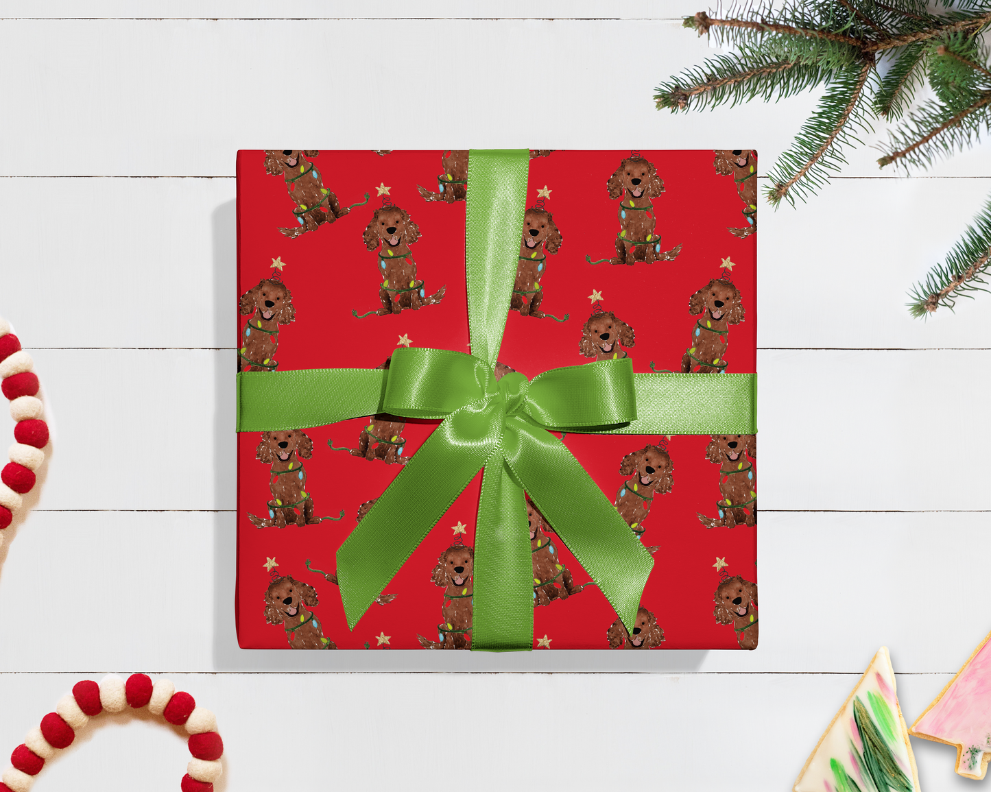 Festive Christmas Brown Spaniel Gift Wrap - Red