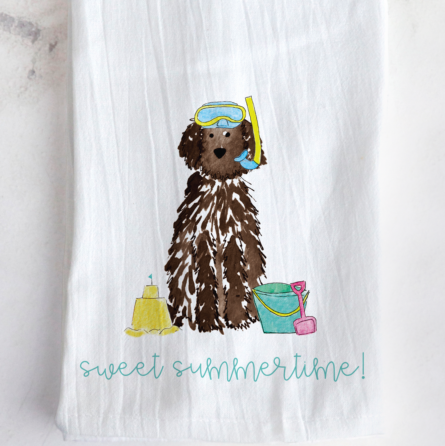 Sandy Summer Doodle Tea Towel | Personalized Flour Sack Towel | Goldendoodle, Labradoodle, Aussiedoodle Kitchen Decor