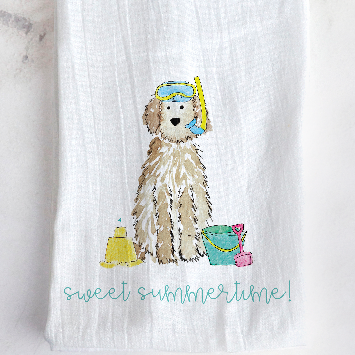 Sandy Summer Doodle Tea Towel | Personalized Flour Sack Towel | Goldendoodle, Labradoodle, Aussiedoodle Kitchen Decor