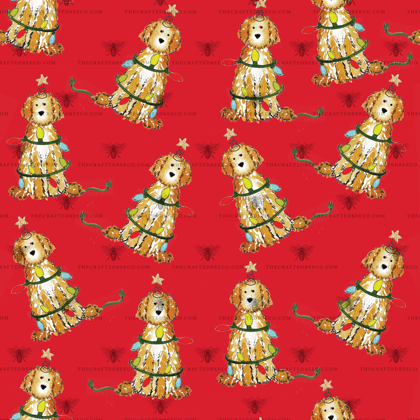 Festive Christmas Apricot Doodle Gift Wrap - Red