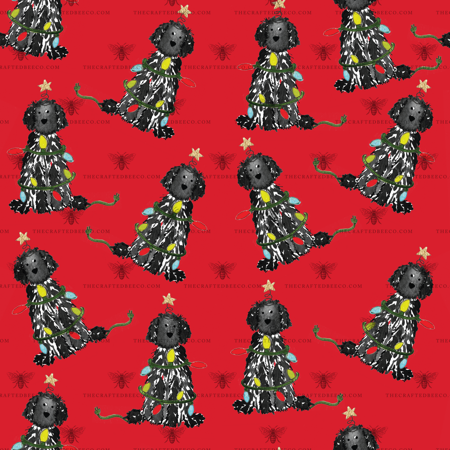 Festive Christmas Black Doodle Gift Wrap - Red