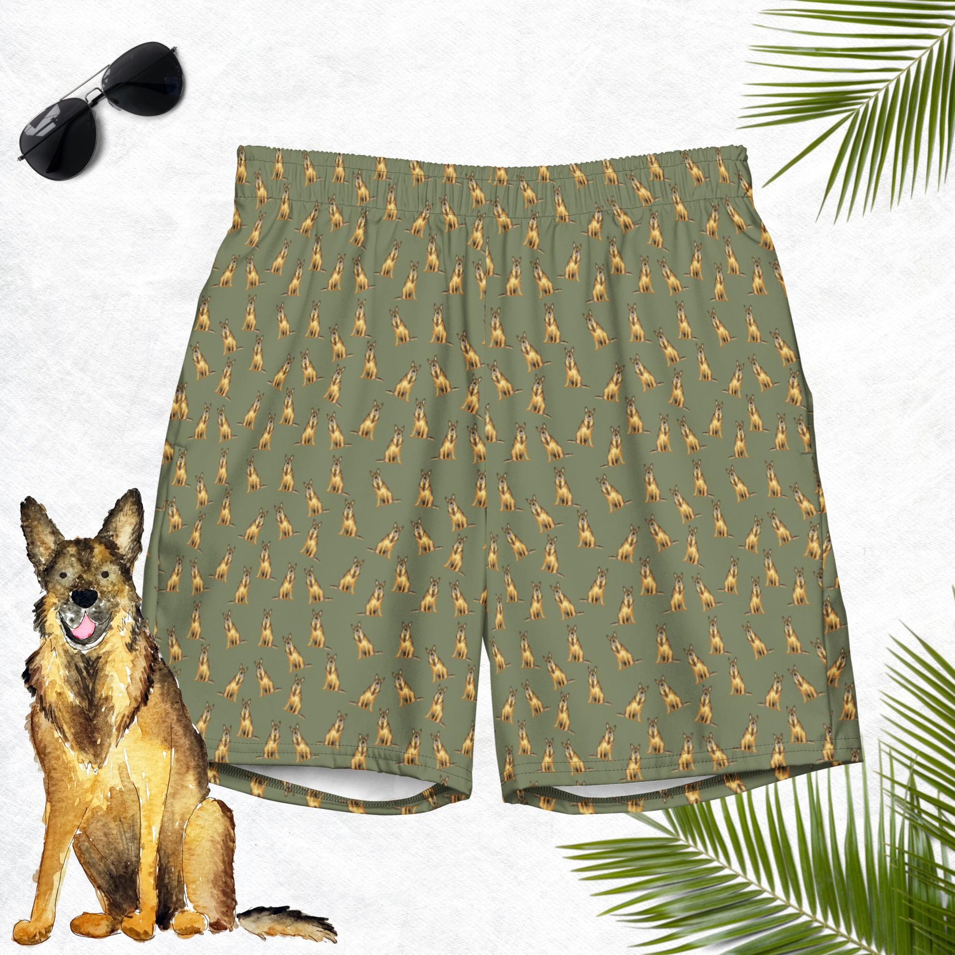 German shepherd pattern swim trunks for men