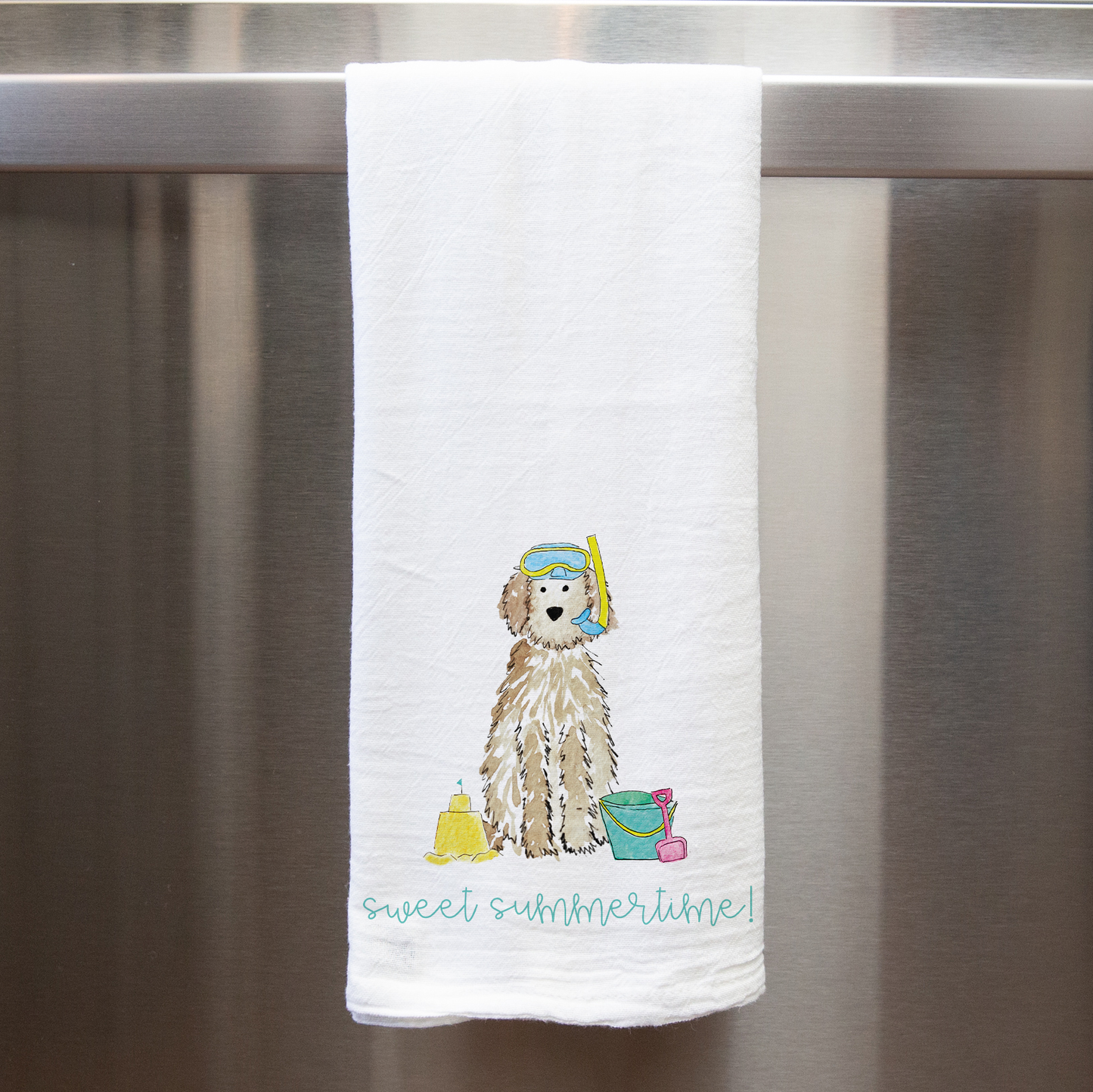 Goldendoodle kitchen towel with summer theme