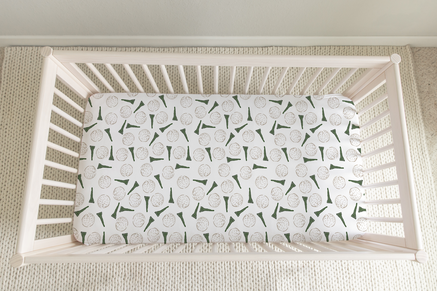 Golf Crib Sheets in a Neutral Nursery, moss green and neutral beige