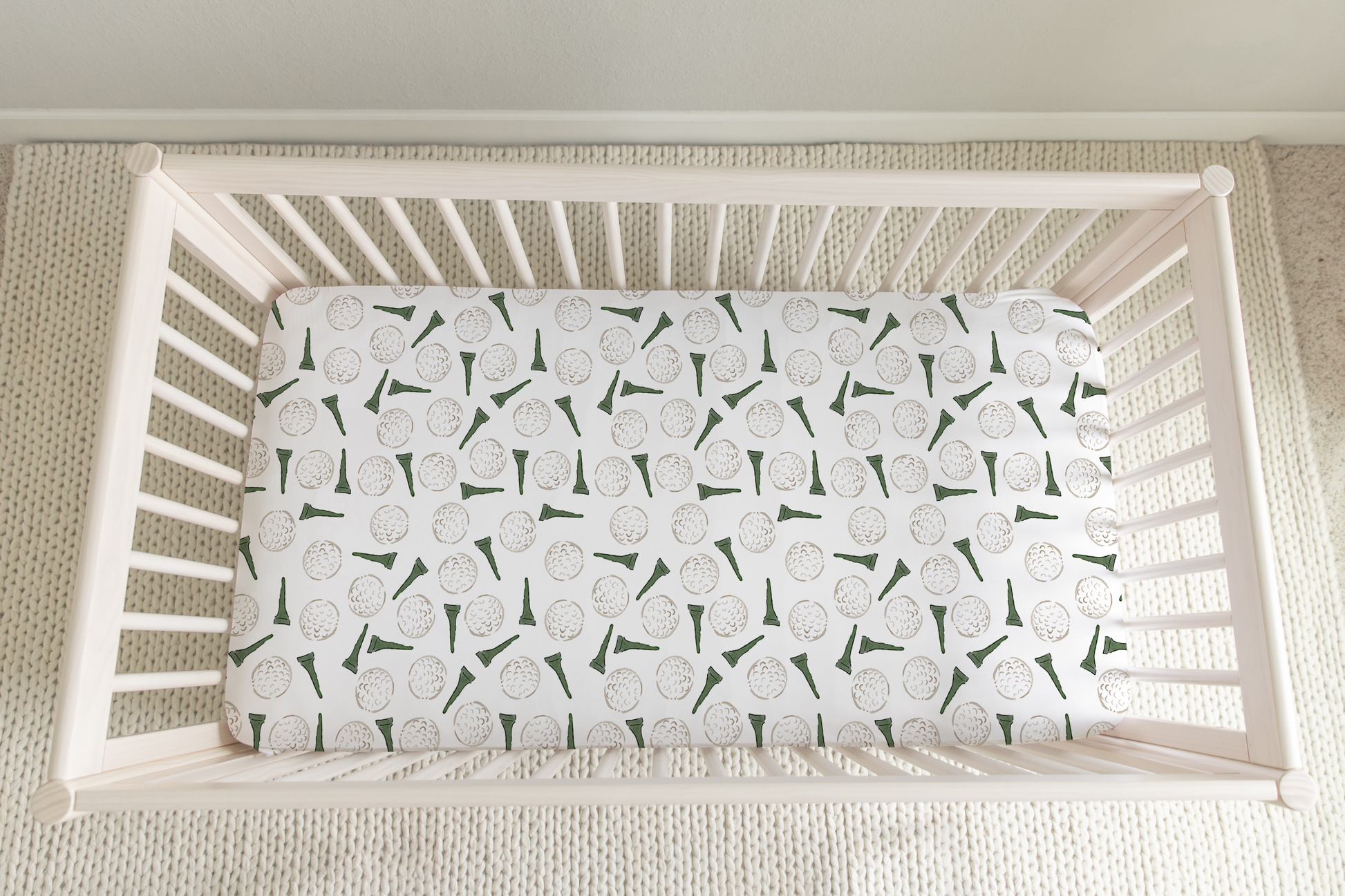 Golf Crib Sheets in a Neutral Nursery, moss green and neutral beige