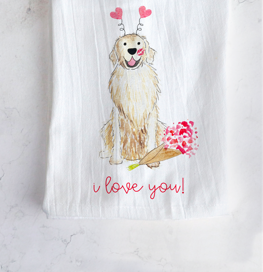 Golden Retriever Lovey Dovey Tea Towel