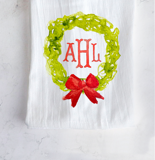 Watercolor Wreath Monogram Tea Towel