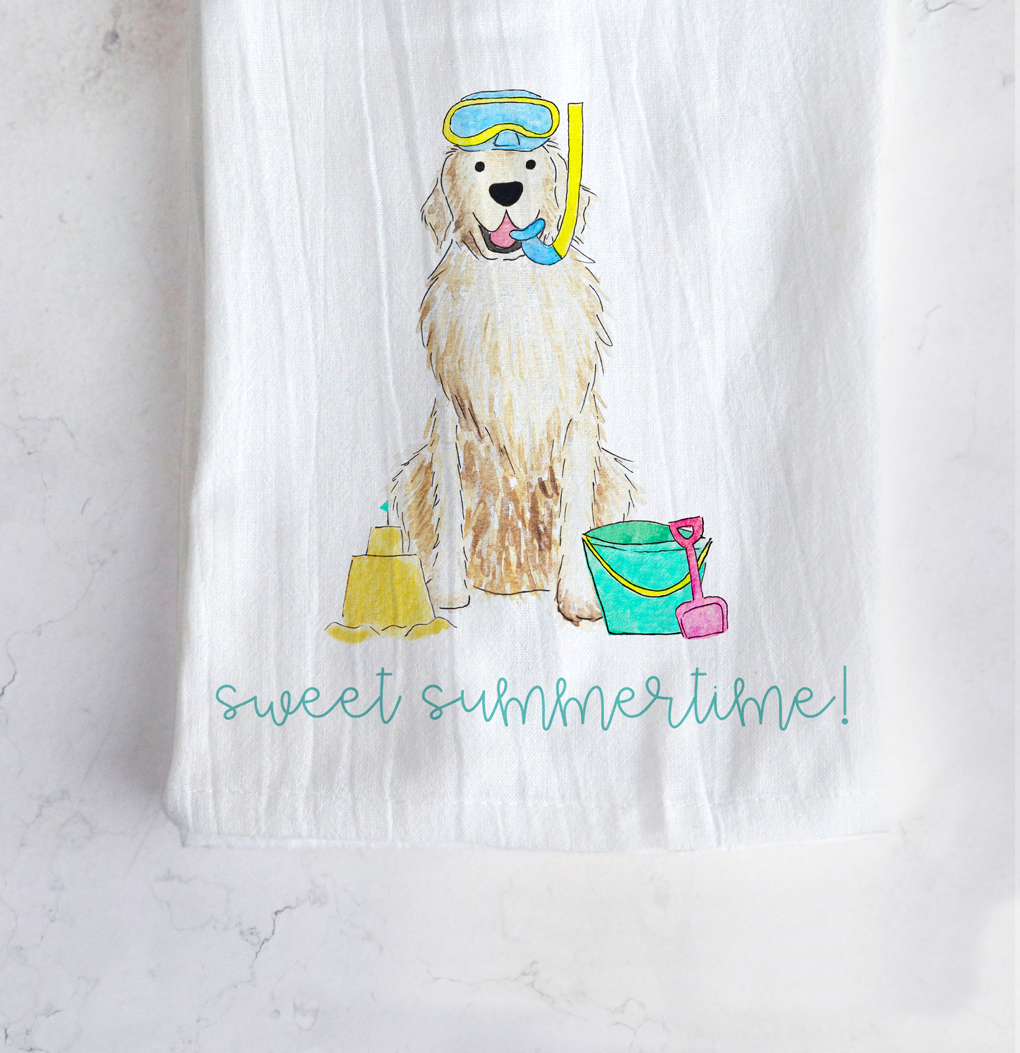 Sandy Summer Golden Retriever Tea Towel