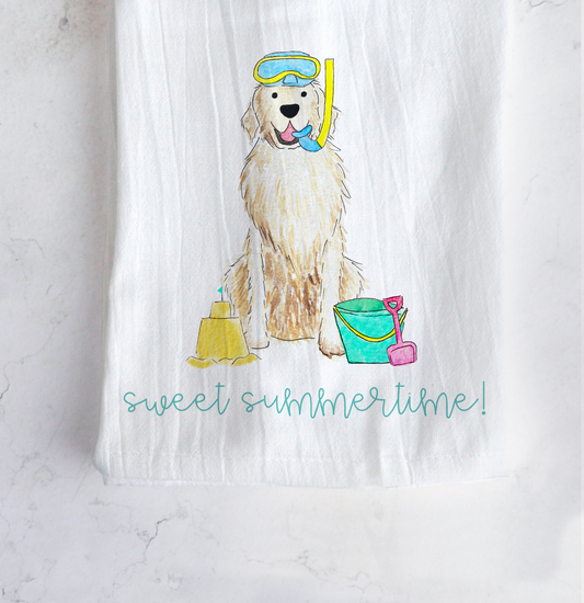 Sandy Summer Golden Retriever Tea Towel