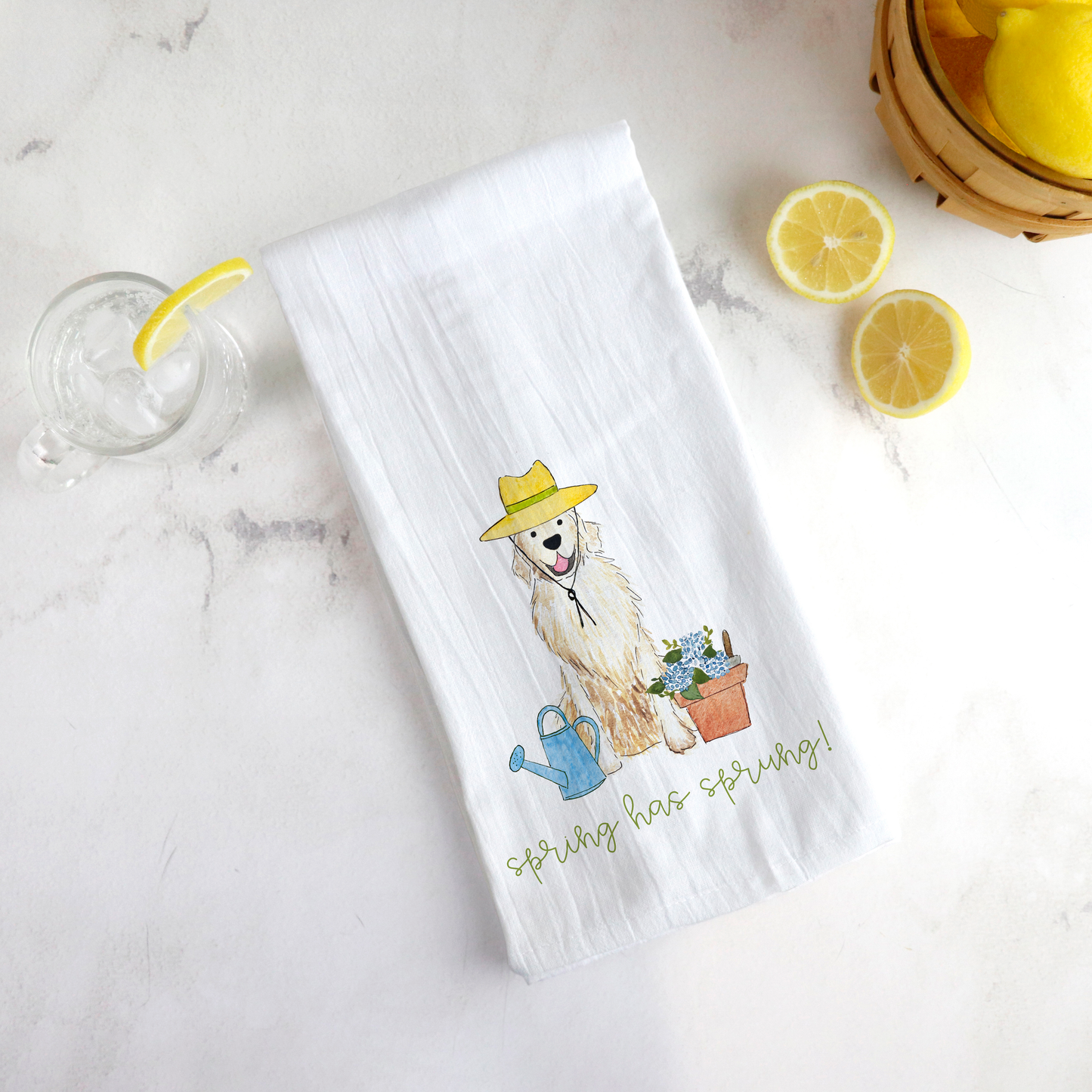Spring Flower Power Golden Retriever Tea Towel