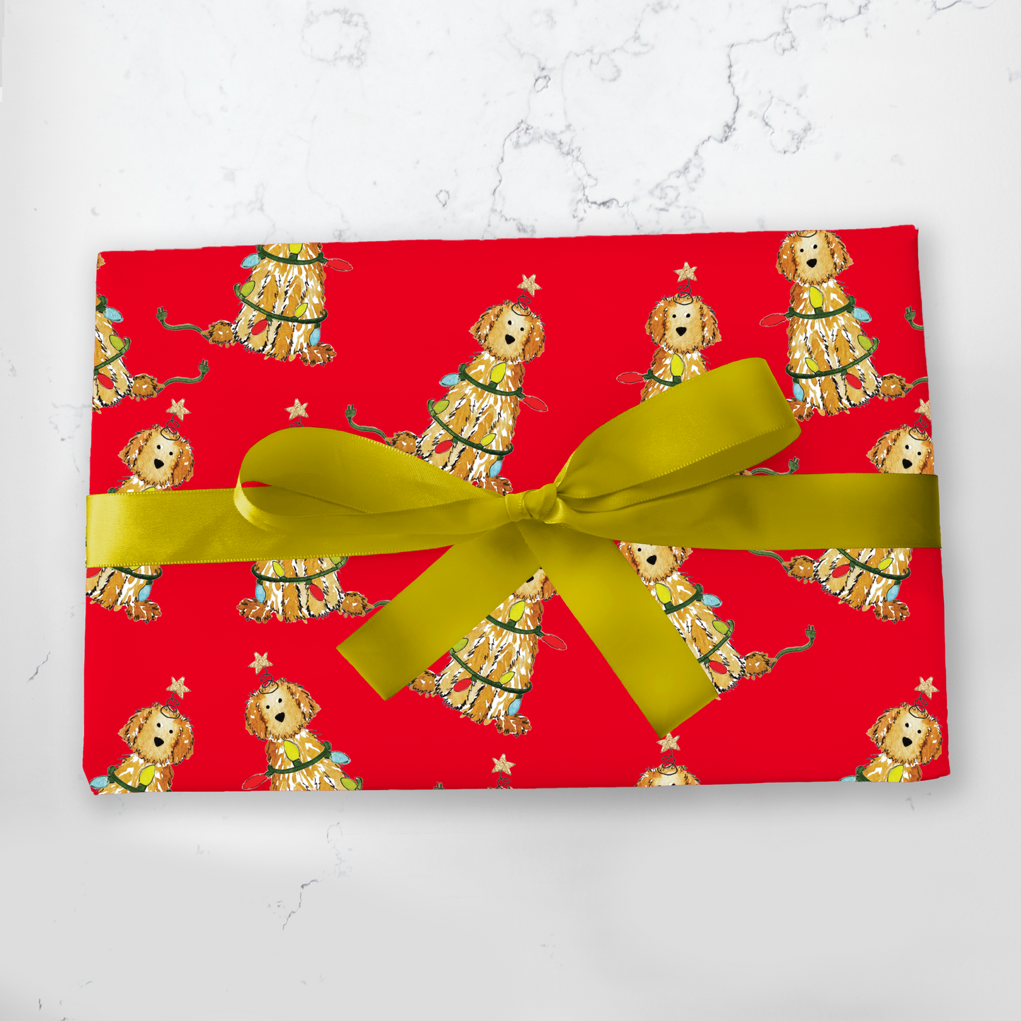 Festive Christmas Apricot Doodle Gift Wrap - Red