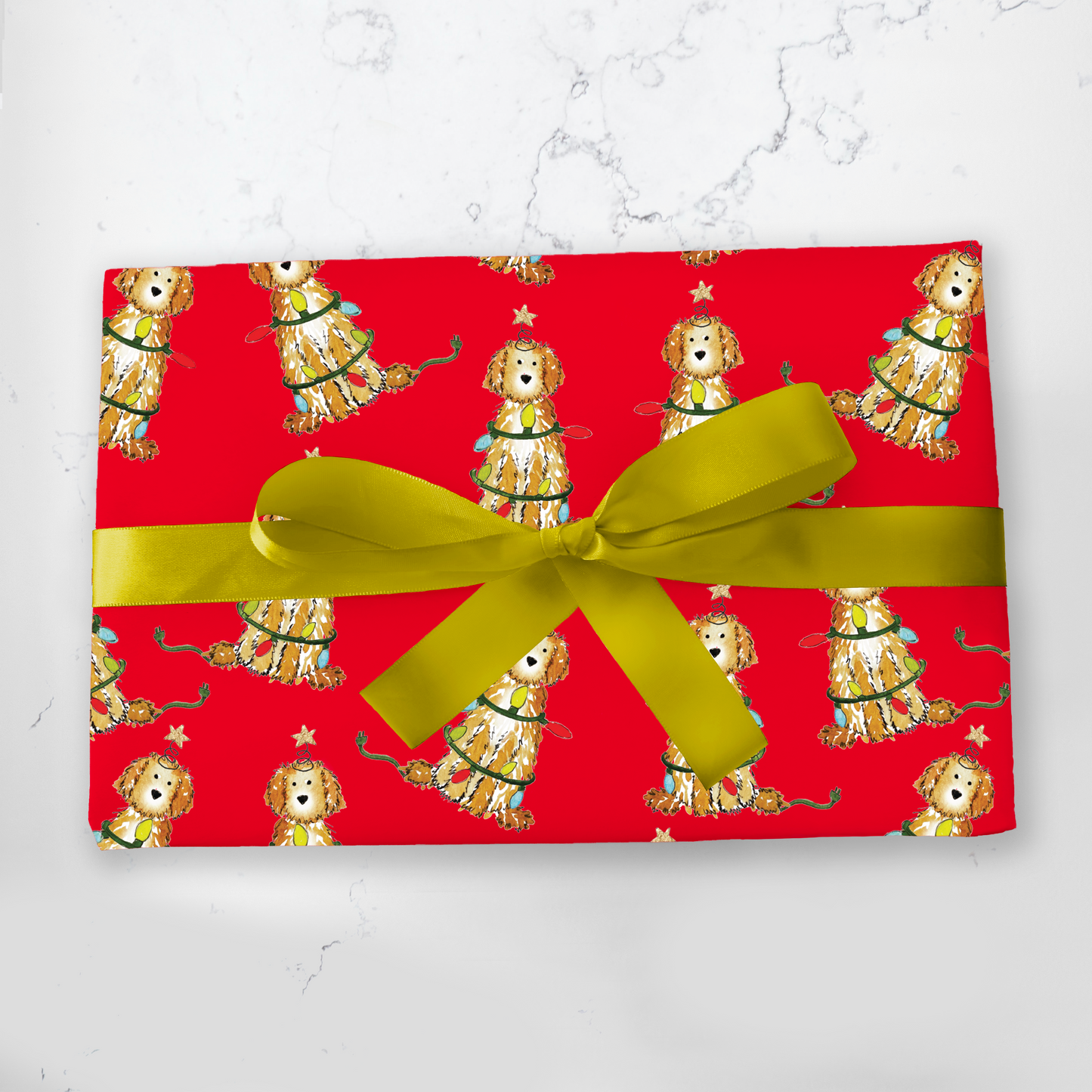 Festive Christmas Apricot and Cream Doodle Gift Wrap - Red