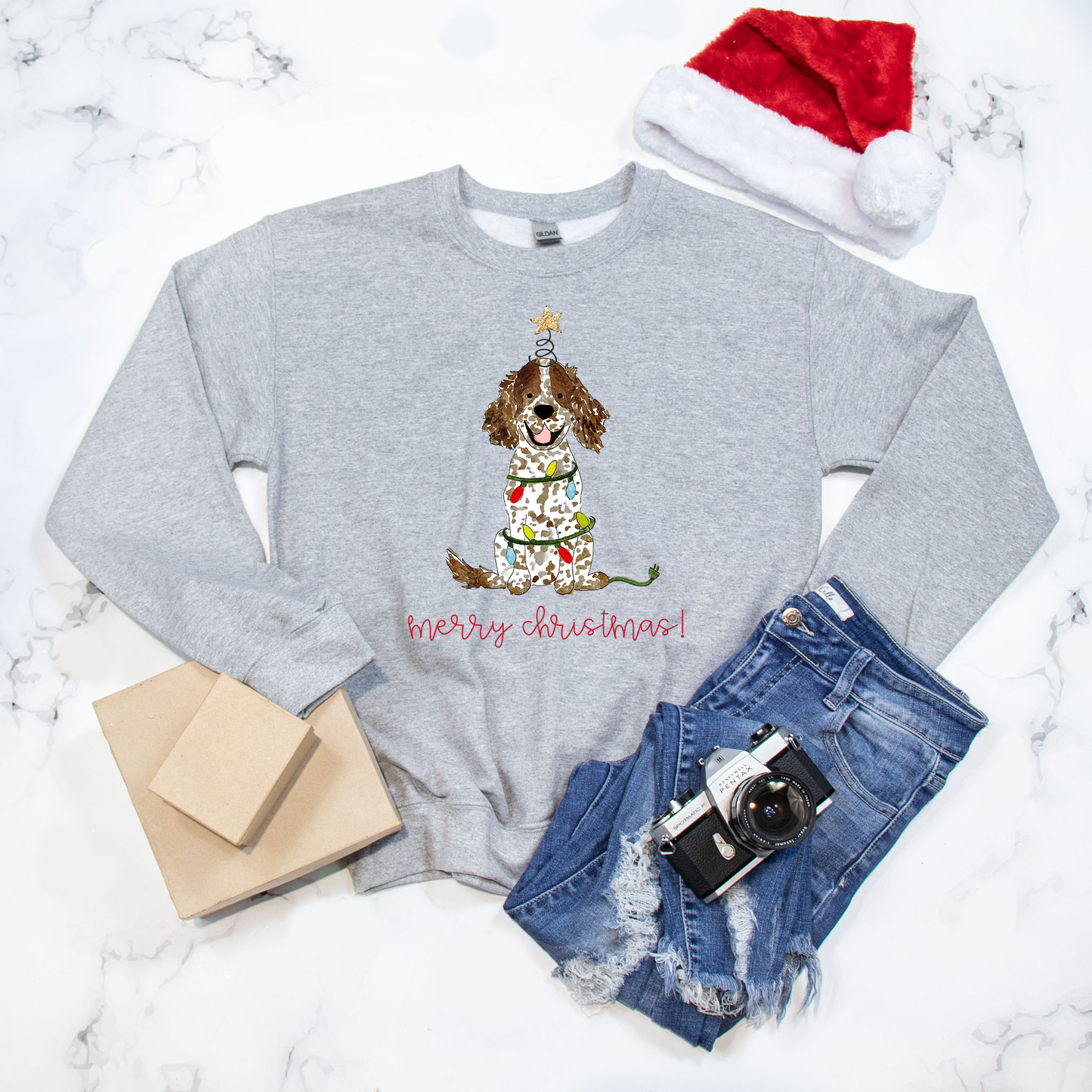 Festive Christmas Brown Parti Spaniel Gildan Sweatshirt