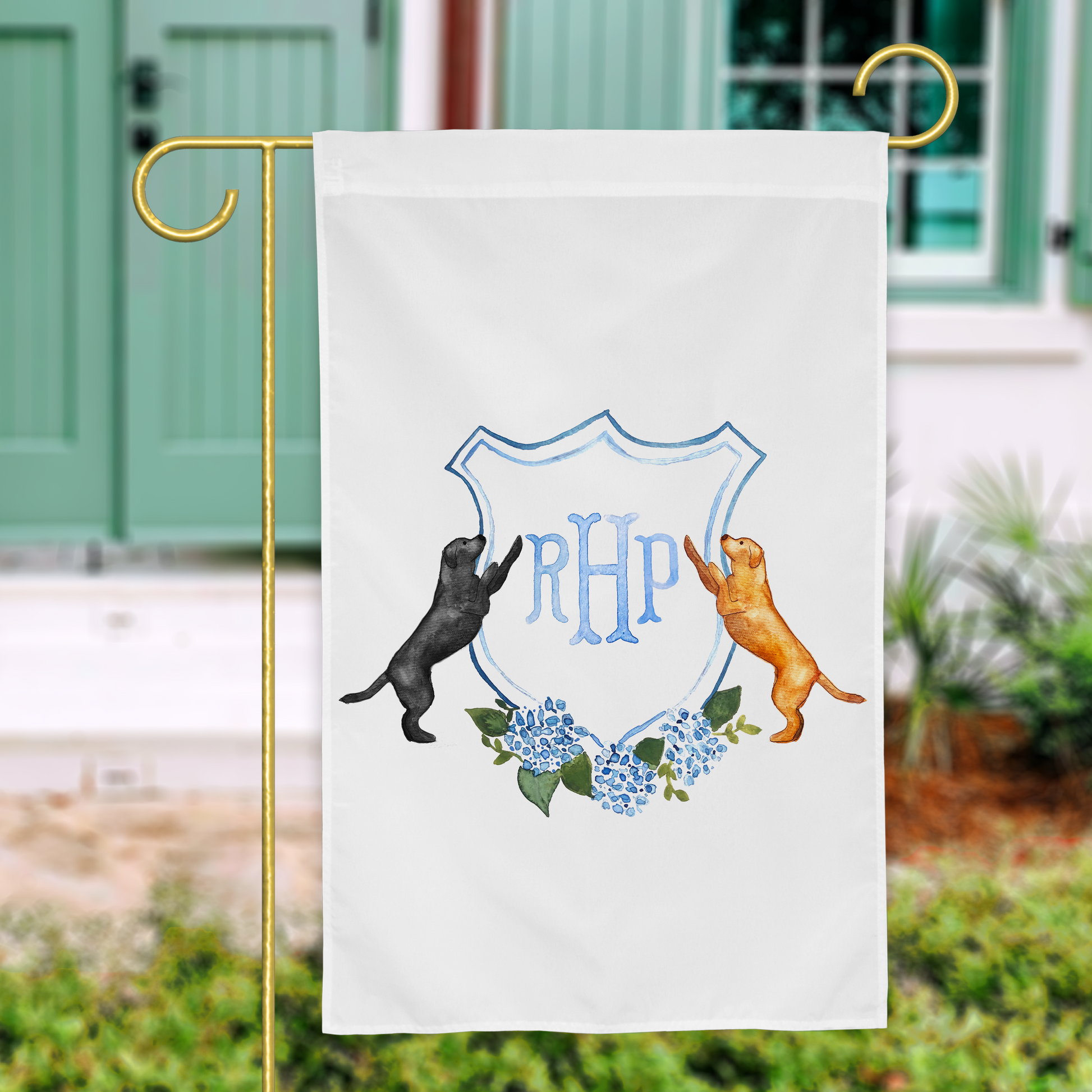 Personalized Labrador garden flag with blue hydrangea crest
