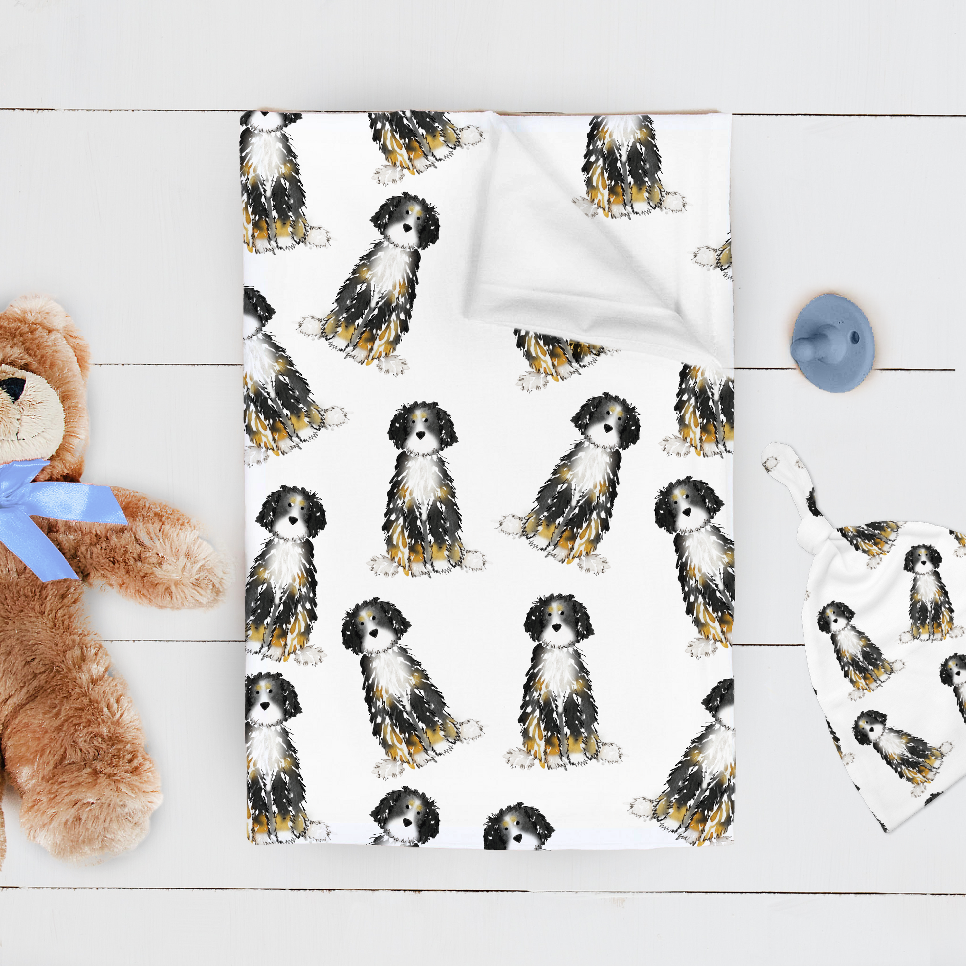 bernedoodle baby blanket, bernedoodle baby swaddle, berndoodle nursery