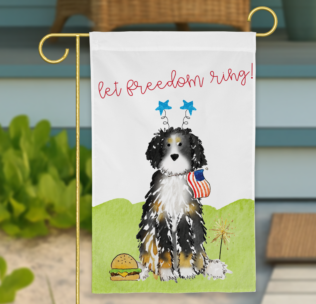 bernedoodle garden flag for fourth of july. fourth of july garden flag, doodle garden flag, patriotic dog garden flag, goldendoodle july 4th flag, bernedoodle memorial day decor, labradoodle american flag, doodle patriotic yard flag, 4th of july dog flag, independence day dog decor, red white and blue garden flag, summer dog yard flag, sparkler dog flag, doodle dog decorations, customizable doodle flag, dog lover patriotic decor, american holiday dog flag