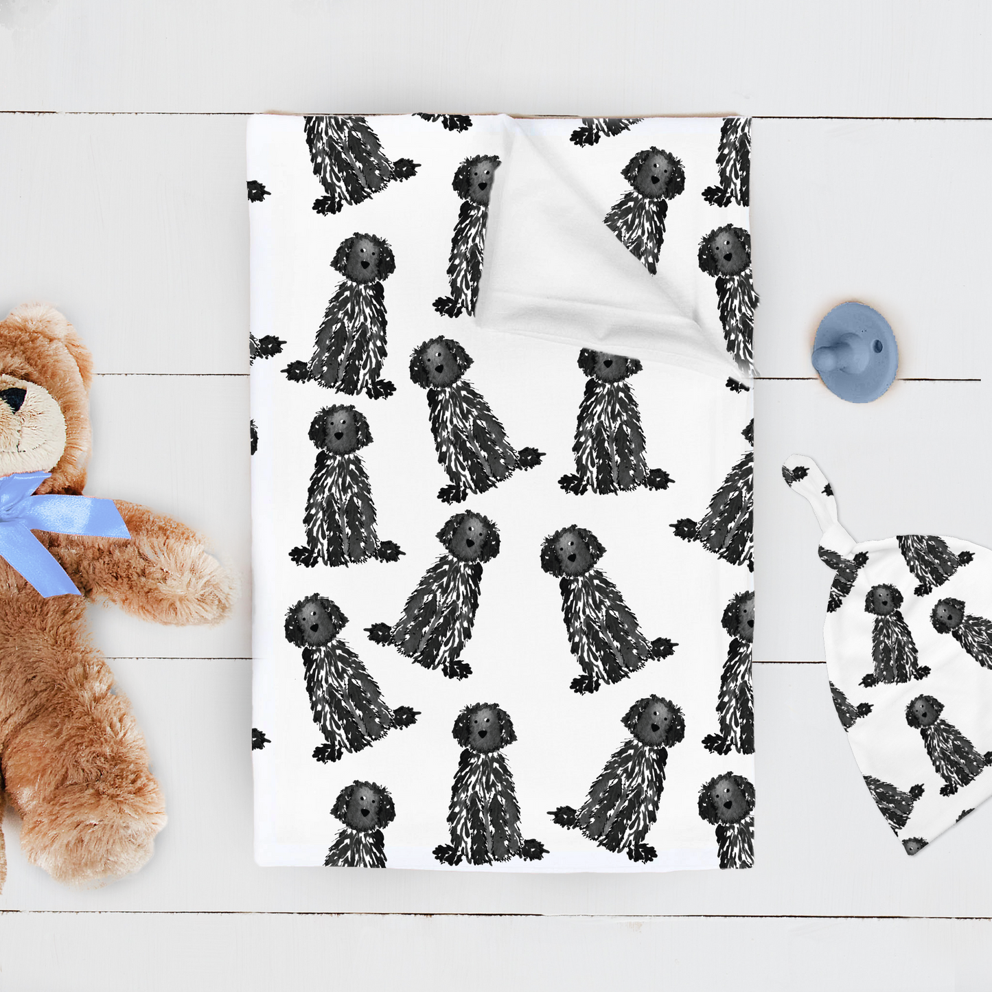 black doodle baby swaddle blanket, black golden doodle baby blanket, doodle nursery