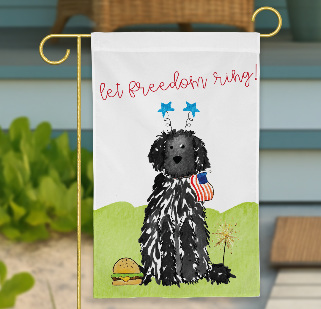 black labradoodle garden flag, black aussiedoodle garden flag, fourth of july garden flag, doodle garden flag, patriotic dog garden flag, goldendoodle july 4th flag, bernedoodle memorial day decor, labradoodle american flag, doodle patriotic yard flag, 4th of july dog flag, independence day dog decor, red white and blue garden flag, summer dog yard flag, sparkler dog flag, doodle dog decorations, customizable doodle flag, dog lover patriotic decor, american holiday dog flag