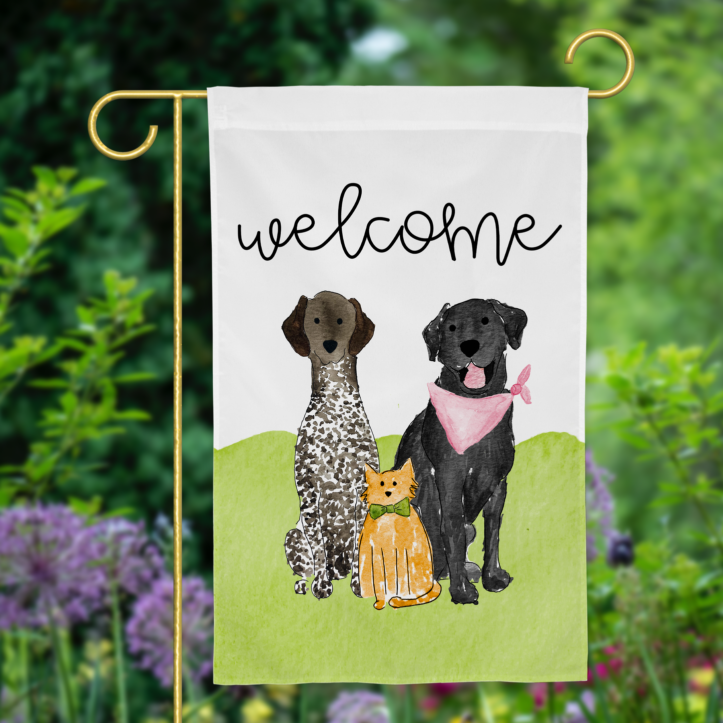 black lab garden flag dog garden flags Personalized Spring Garden Flag - German Shorthaired Pointer - Black Lab - Orange Cat