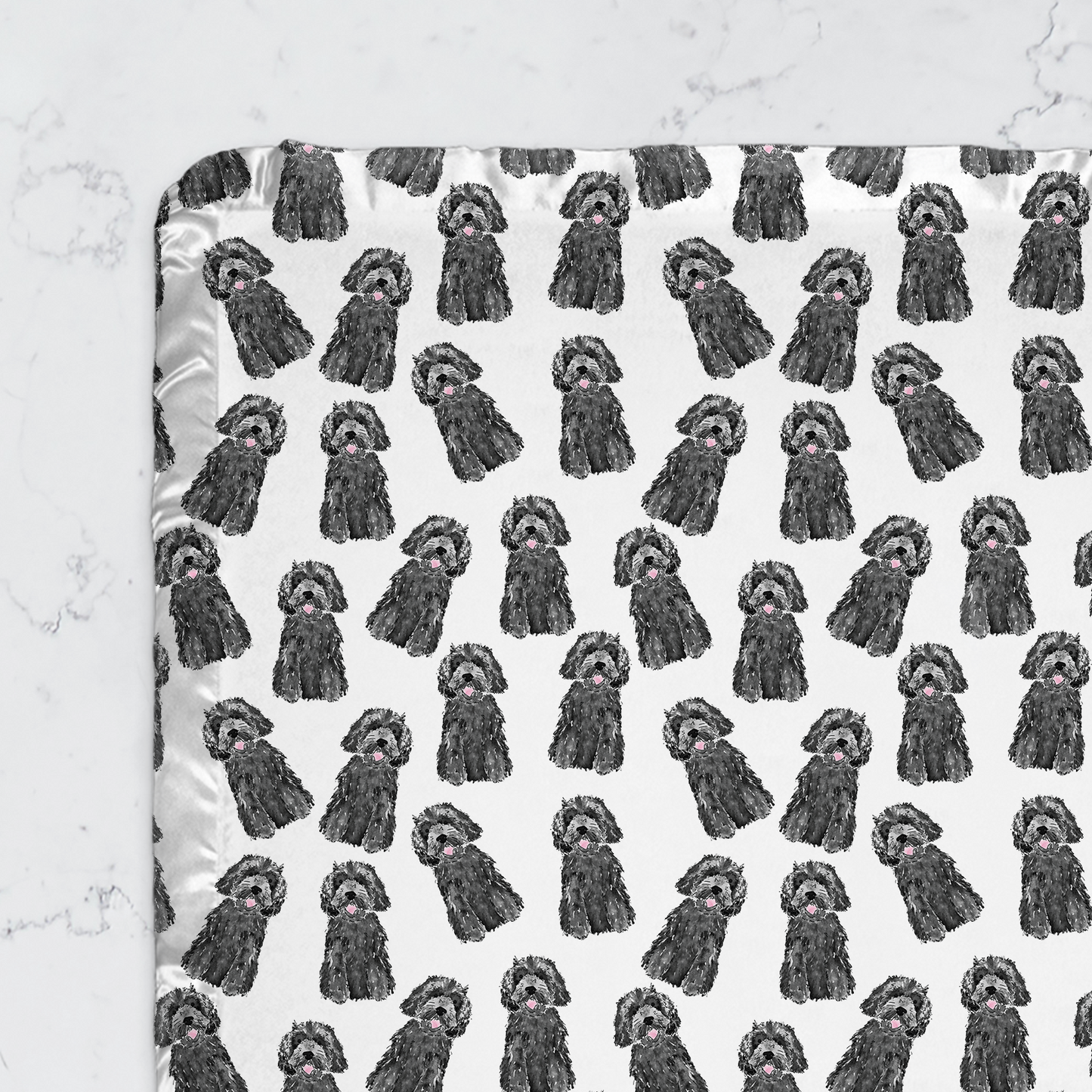 mini doodle baby blanket, minky baby blanket with satin trim, doodle baby gift, apricot doodle blanket, black doodle baby item, bernedoodle baby shower gift, goldendoodle swaddle alternative, labradoodle blanket for baby, soft baby blanket dog pattern