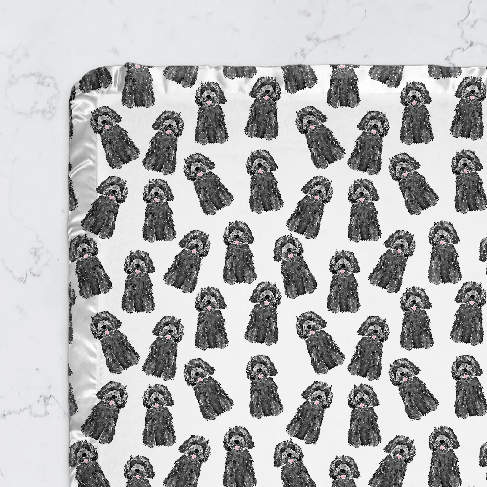 mini doodle baby blanket, minky baby blanket with satin trim, doodle baby gift, apricot doodle blanket, black doodle baby item, bernedoodle baby shower gift, goldendoodle swaddle alternative, labradoodle blanket for baby, soft baby blanket dog pattern