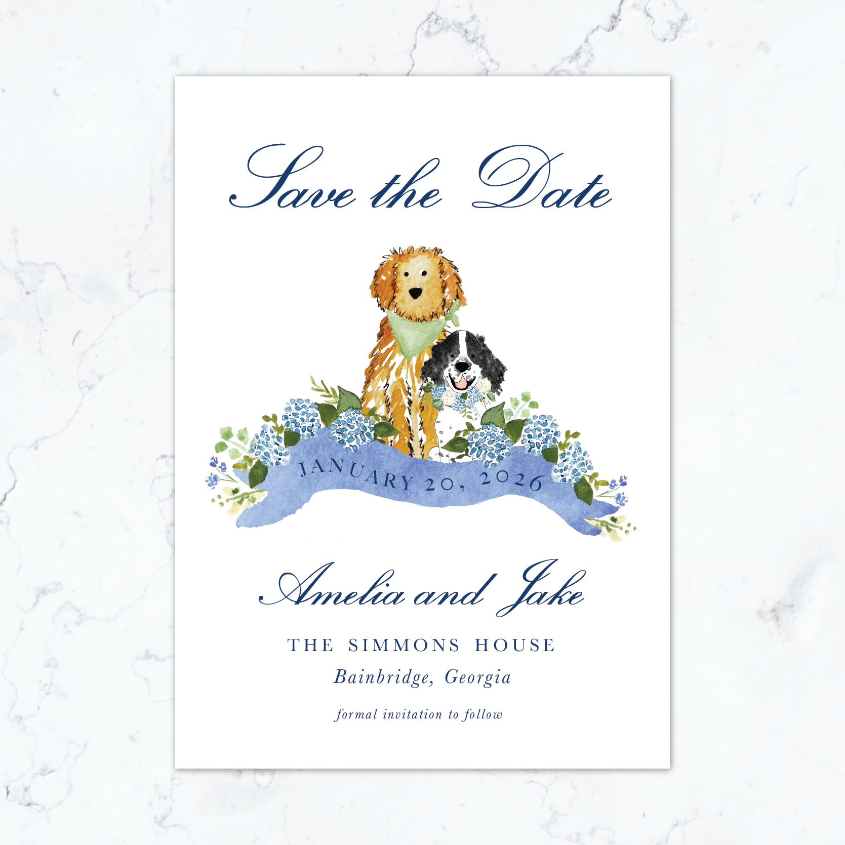 blue hydrangea dog save the date with golden doodle and black spaniel