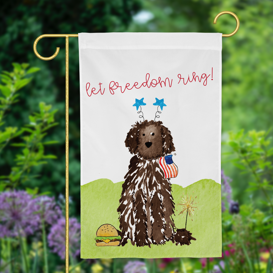 fourth of july garden flag, brown doodle garden flag, patriotic dog garden flag, goldendoodle july 4th flag, bernedoodle memorial day decor, labradoodle american flag, doodle patriotic yard flag, 4th of july dog flag, independence day dog decor, red white and blue garden flag, summer dog yard flag, sparkler dog flag, doodle dog decorations, customizable doodle flag, dog lover patriotic decor, american holiday dog flag
