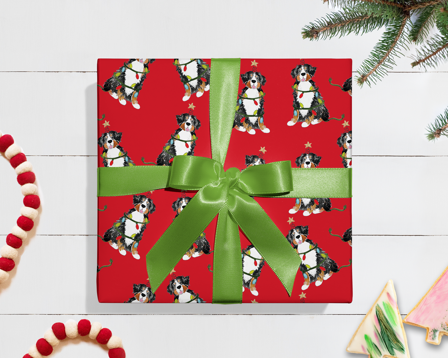 Festive Christmas Bernese Mountain Dog Gift Wrap - Red