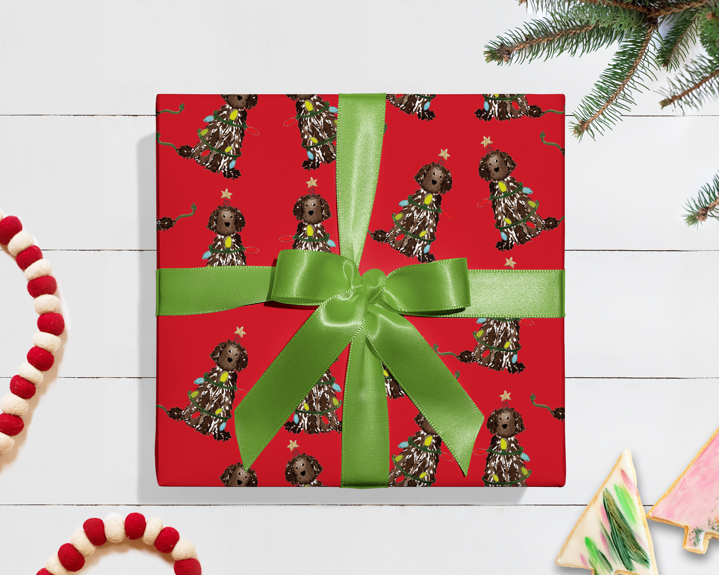 Festive Christmas Brown Doodle Gift Wrap - Red