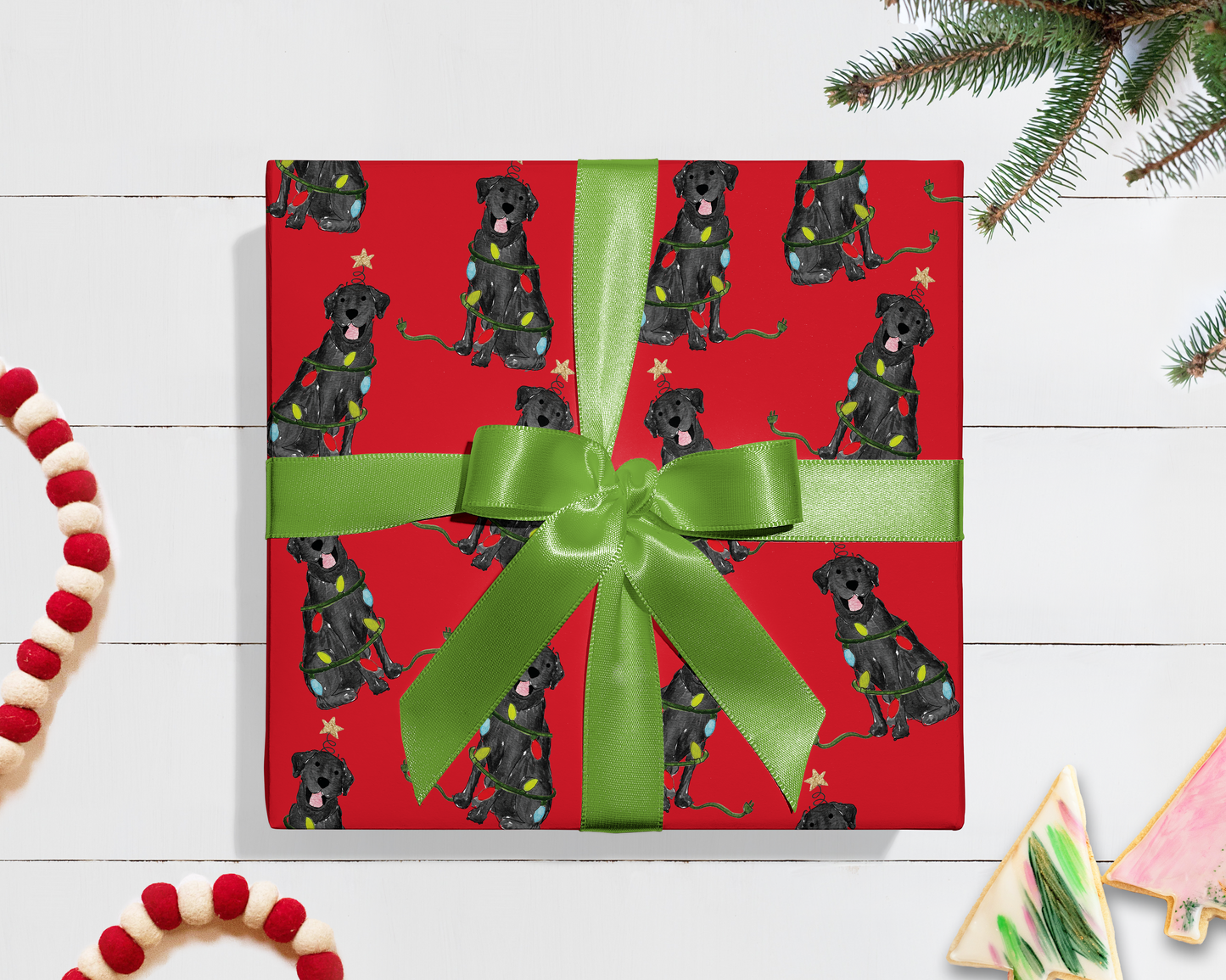 Festive Christmas Black Lab Gift Wrap - Red