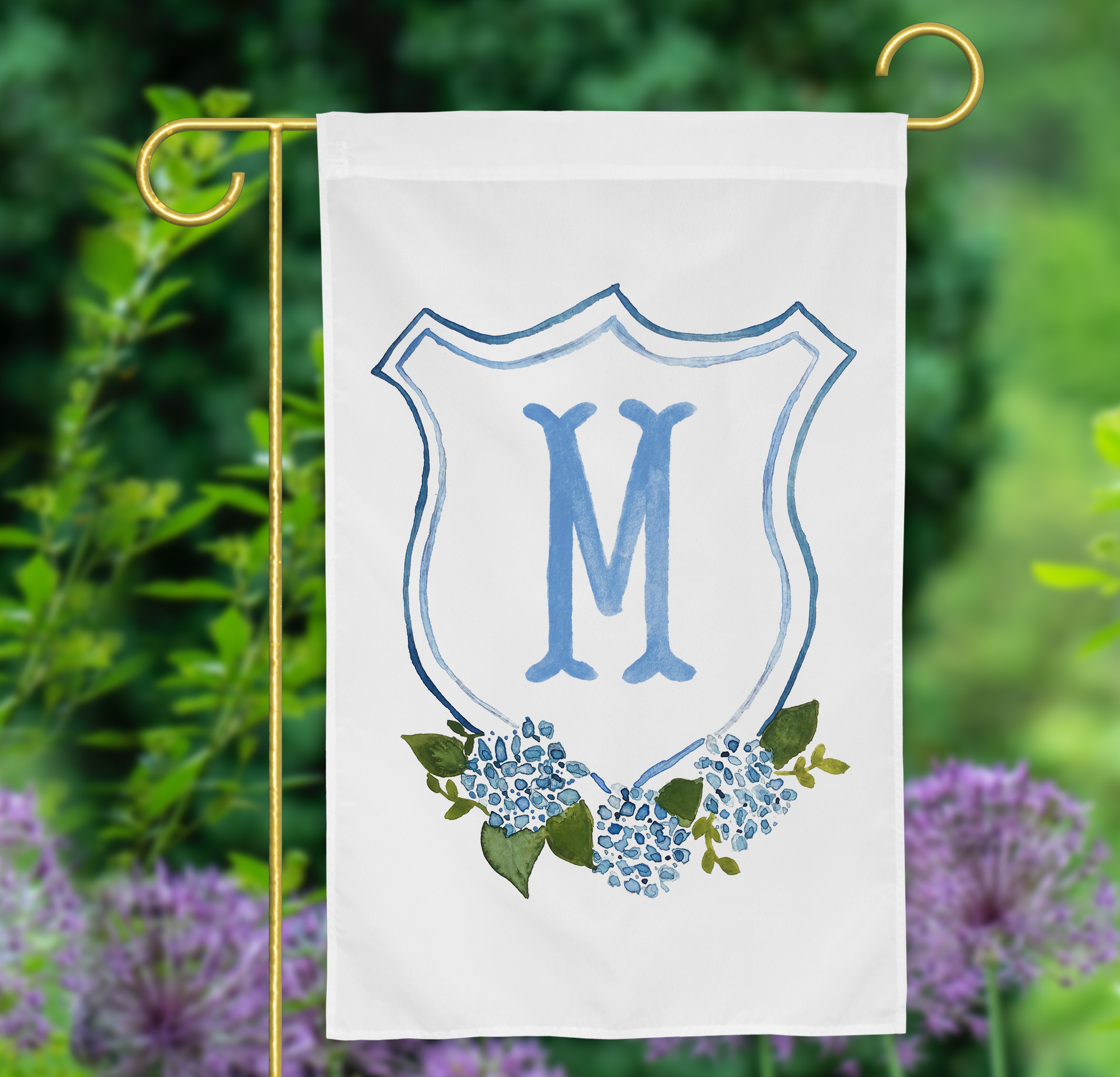 wedding flag, garden flag, wedding crest, custom garden flag, yard flag, custom crest, personalized outdoor decor, hydrangea garden flag, monogram garden flag, floral yard flag, initial garden sign, housewarming gift, custom family flag, porch decor