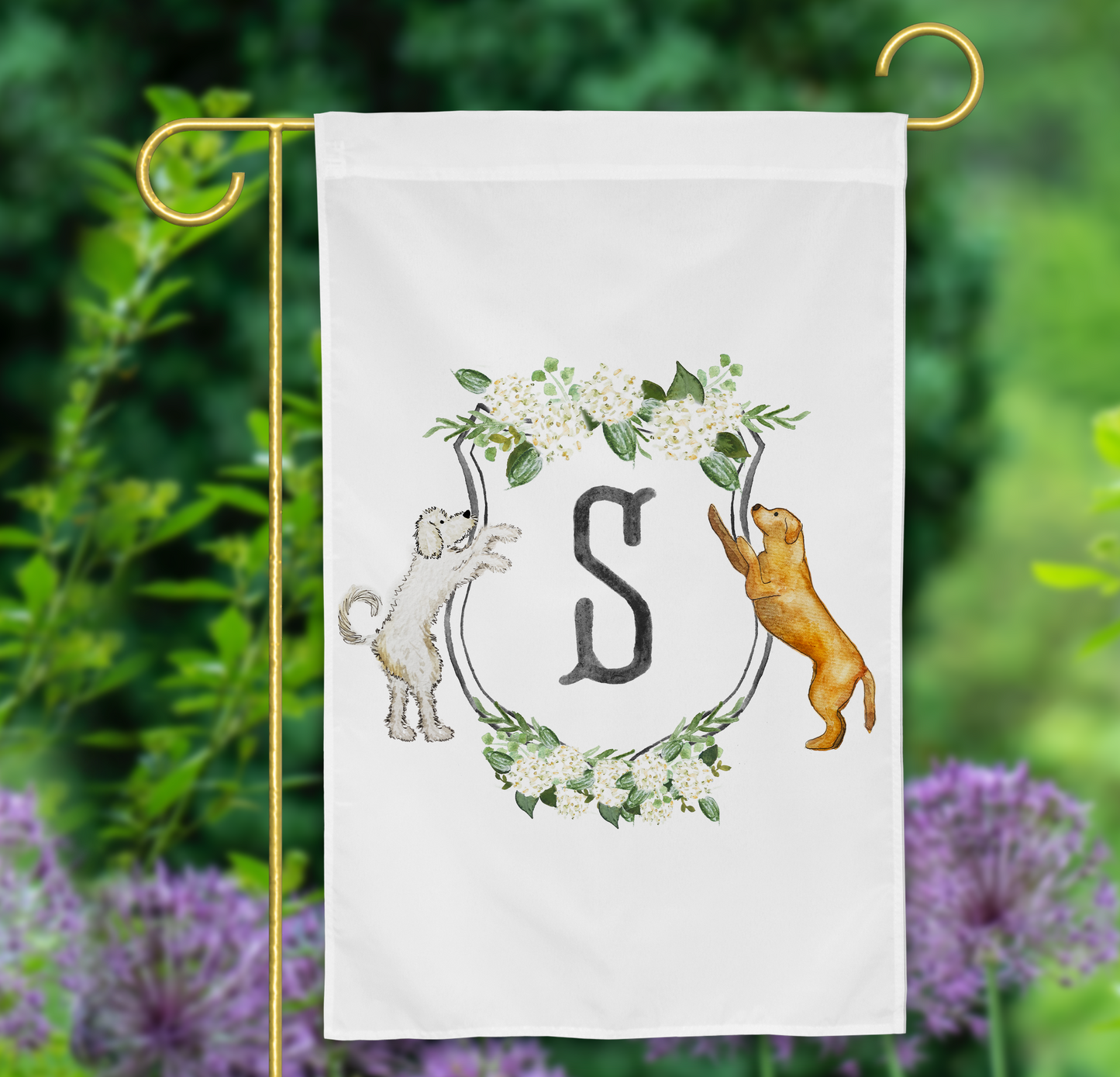 custom crest dog garden flags, white hydrangea watercolor monogram crest goldendoodle yellow lab