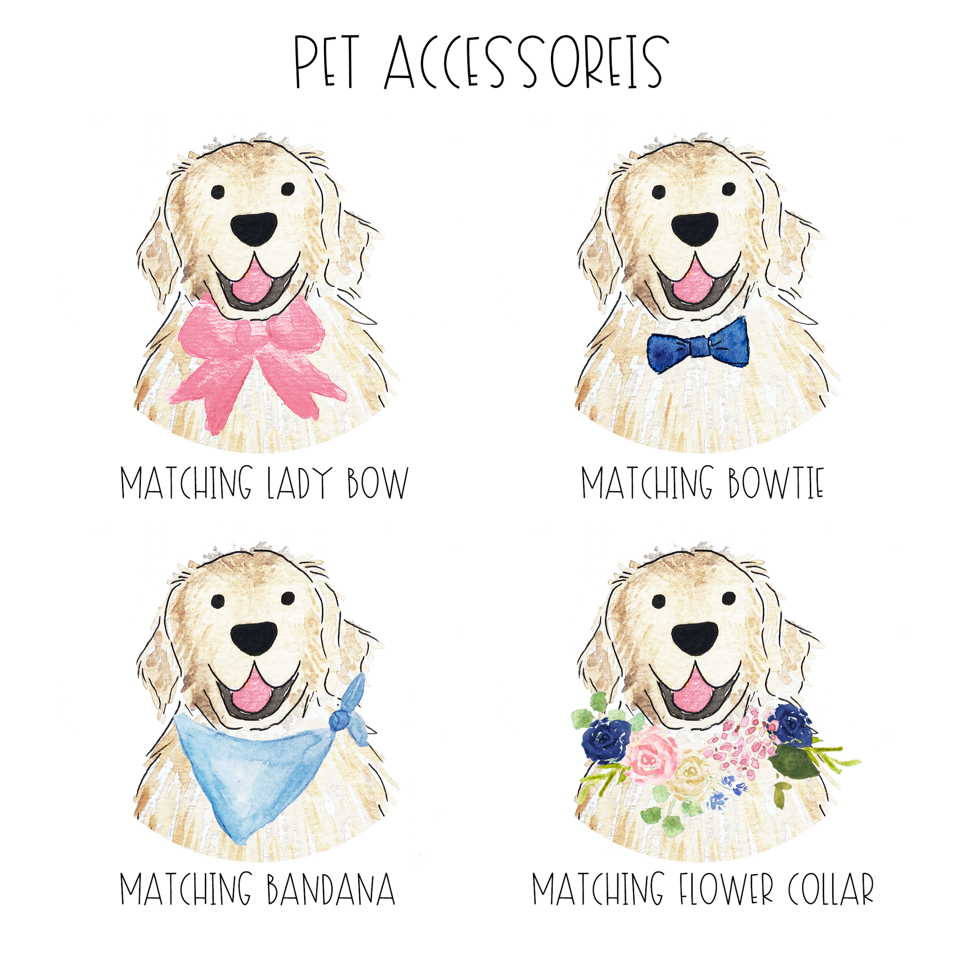 choose accessories for custom pet save the dates. lady bow, bowtie, bandana, or flower collar