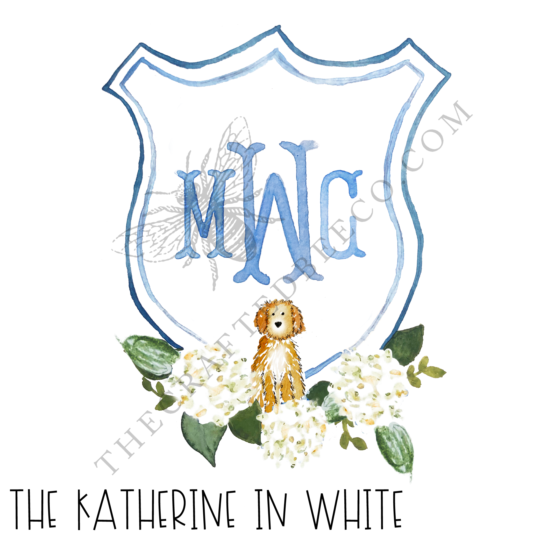 Blue and White Wedding Crest | Monogram Crest | Golden Retriever Crest |  Watercolor Crest | White floral crest