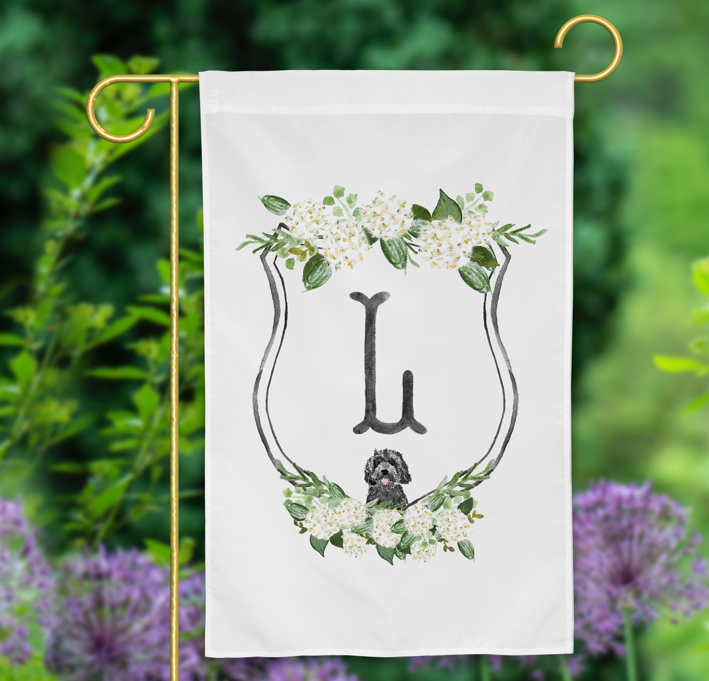 dog garden flags, hydrangea custom watercolor crest garden flag