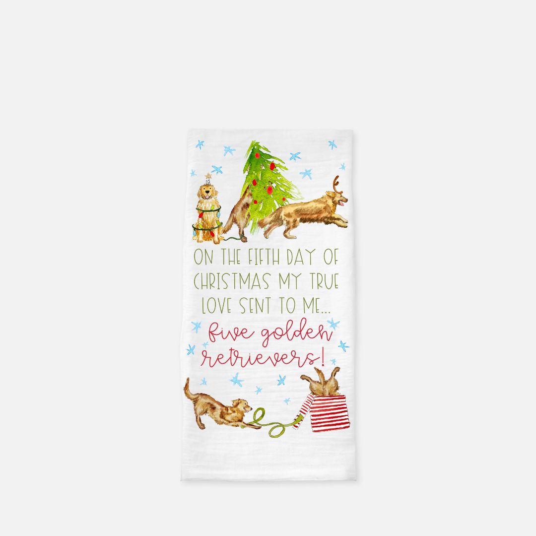 Christmas Five Golden Retrievers Tea Towel