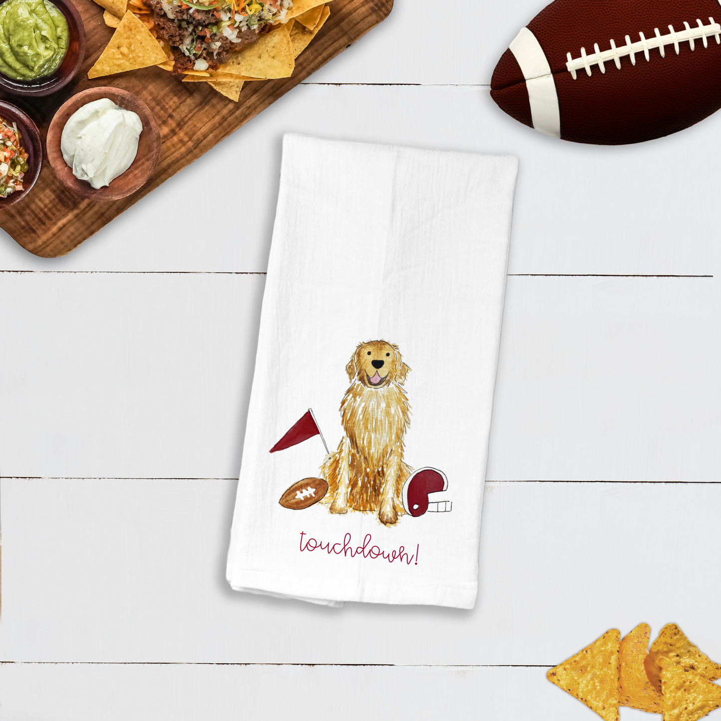 Sporty Football Golden Retriever Tea Towel